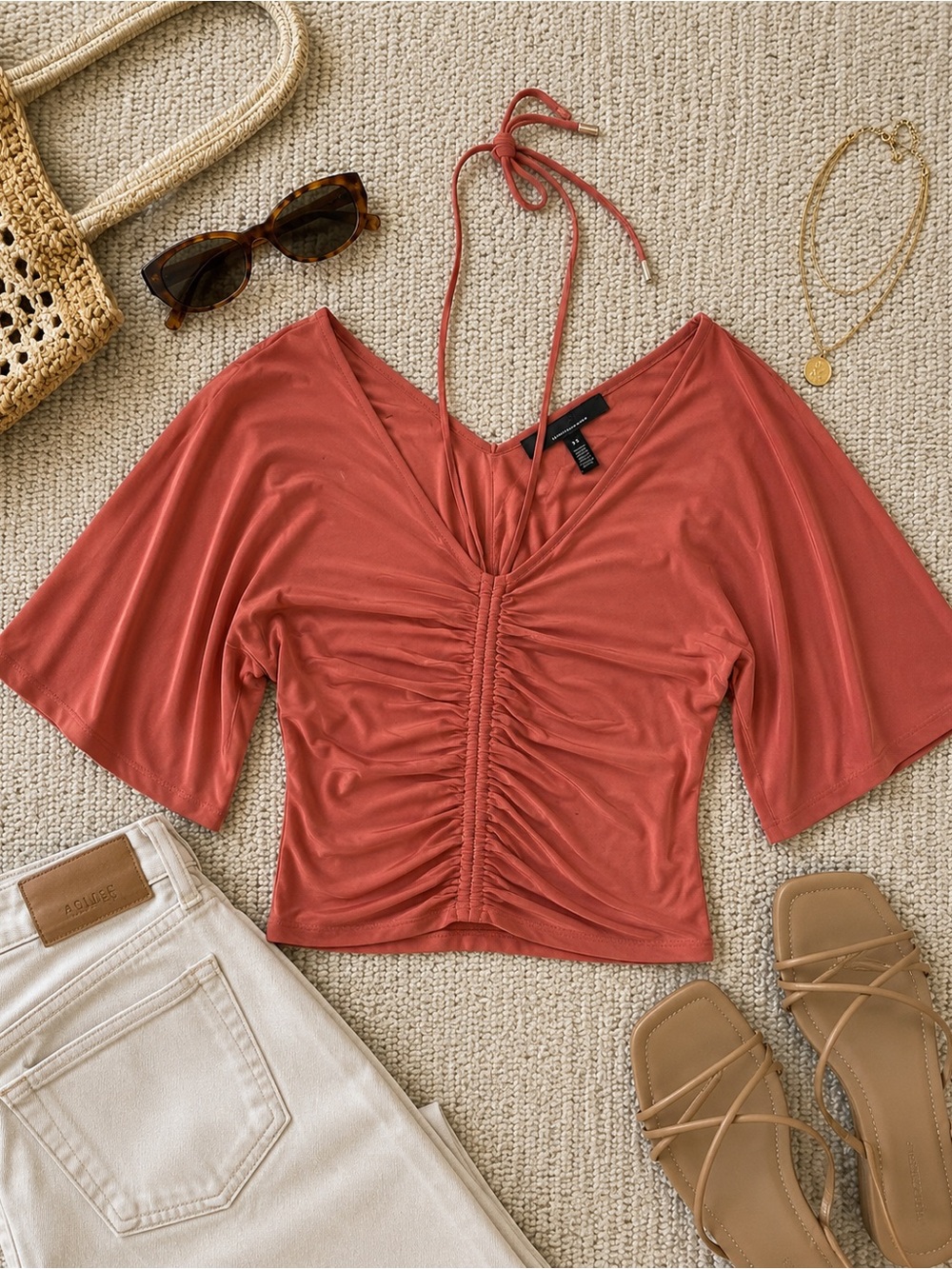 WHBM Rust Ruched V-Neck Women's Top - Picture 1 of 6